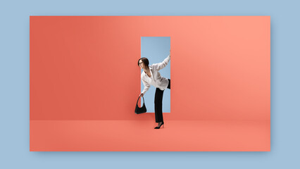Collage of businesswoman stepping through doorway on coral wall with handbag and hope. Concept of career growth, web design 2.0, fashion elegance, lifestyle change, and professional confidence.