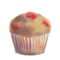 Illustration of a strawberry muffin with fresh berry pieces. Sweet baked dessert perfect for menus, packaging, cafe designs, and culinary projects.
