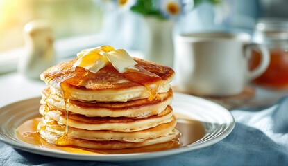 A cozy breakfast scene featuring a stack of fluffy golden pancakes topped with melting butter and rich maple syrup, placed in front of an empty white plate