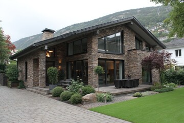 Modern stone house with landscaping