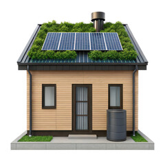 Fototapeta premium off grid eco home Eco-friendly house with solar panels and green roofing.