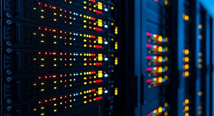 Rows of powerful network servers with colorful LED status lights operating in a modern data center