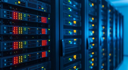 Illuminated racks in a high-tech data center, symbolizing modern computing, secure network infrastructure, and advanced digital information storage