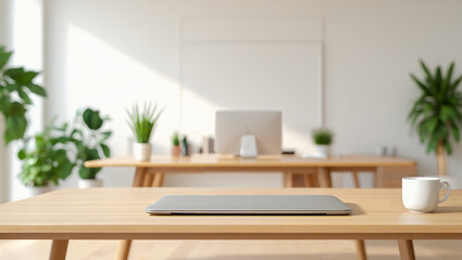 Minimalist Modern Workspace with Laptop, Coffee Cup and Green Plants &ndash; Scandinavian Office Interior