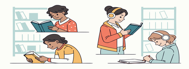 Young individuals engaged in reading and studying in a library setting, showcasing diverse expressions and activities.