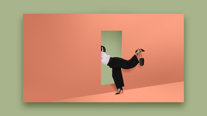 Modern collage. Businesswoman diving into doorway on coral wall with handbag and playful fashionable movement. Concept of lifestyle balance, surreal fashion, web design 2.0, and modern digital art.
