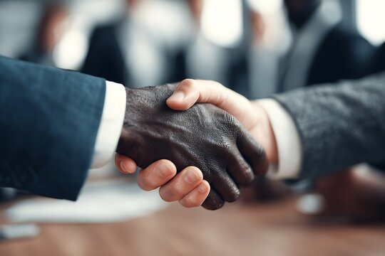 Diverse business professionals sealing a deal with a firm handshake in a modern office environment.