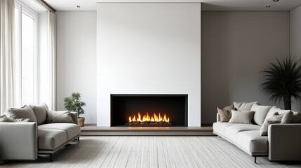 Minimalist white living room with modern linear fireplace