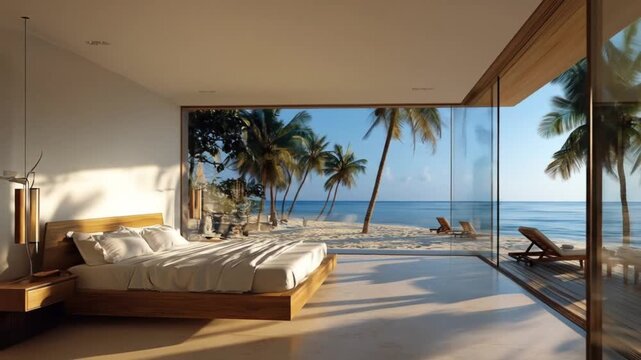 Luxurious bedroom with expansive ocean views showcases a tranquil beach setting.