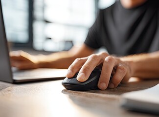 Close-up of hands using a computer mouse and laptop