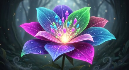 Vibrant fantasy flower with dew drops and crystal pistils, glowing in a dark forest