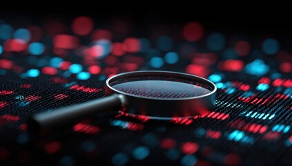 Magnifying glass over a digital data matrix
