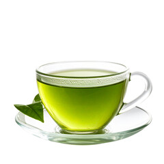 A transparent glass of hot green tea with a mint leaf on a white saucer