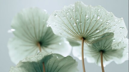 Obraz premium Delicate water droplets clinging to lotus leaf undersides, soft light revealing intricate natural textures and ethereal botanical tranquility