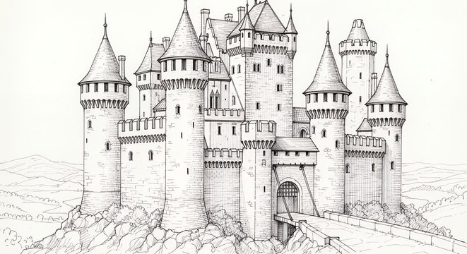 Majestic medieval castle detailed line drawing on hill with bridge and rolling landscape - Powered by Adobe