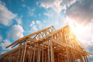 Unfinished wooden house frame under a partly cloudy sky
