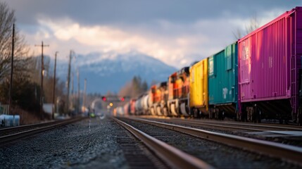Fototapeta premium Train cars lined up on tracks with mountains in the background during golden hour
