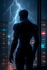 Futuristic superhero watching lightning storm over city skyline window silhouette art