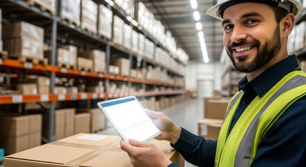 Worker man with tablet near box items working in warehouse. Inventory management and order fulfillment. Technology and efficient logistics operation on work in storage