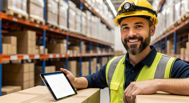 Worker man with tablet near box items working in warehouse. Inventory management and order fulfillment. Technology and efficient logistics operation on work in storage - Powered by Adobe