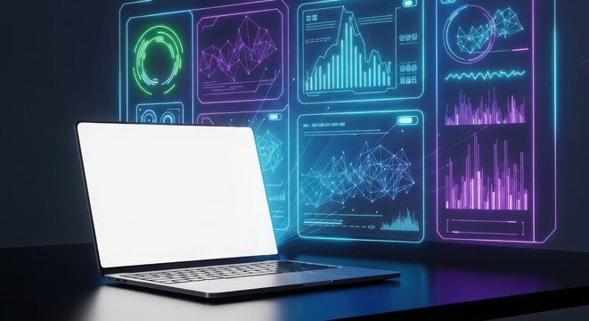 A laptop with a blank screen in front of a futuristic display of glowing charts and graphs - Powered by Adobe
