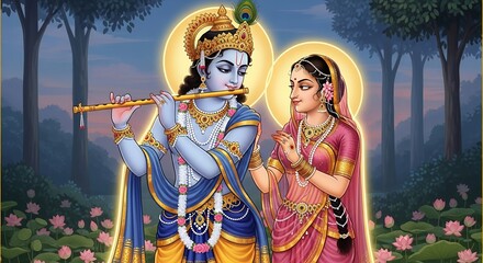 Fototapeta premium Divine Krishna plays flute for Radha amidst blooming lotuses and enchanting forest glow