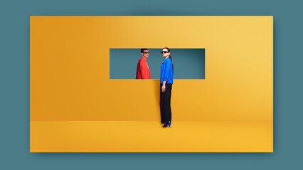 Collage of man and woman in sunglasses facing each other through rectangular doorway on yellow wall. Concept of modern fashion, fashion contrast, artistic duality, web design 2.0, and modern art.