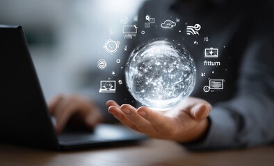 A hand holding a holographic globe, surrounded by digital icons, above a laptop