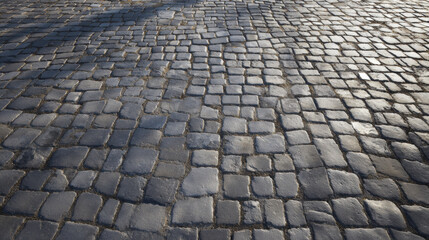 Photorealistic seamless gray cobblestone road texture with natural highlights and shadows creating tactile depth and realism