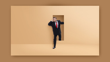 Creative digital artwork. Businessman stepping through doorway on beige wall with surprised face and stylish red tie. Concept of career stress, fashion identity, dramatic emotion, web design 2.0.