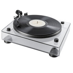 Obraz premium Isolated on a white background, a vintage black vinyl LP record with its label is ready to play retro music