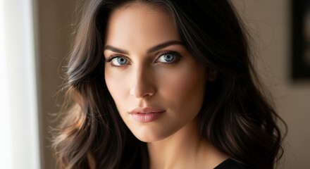 Fototapeta premium Stunning woman with captivating blue eyes and flowing dark hair, exuding confidence and beauty