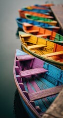 Colorful wooden boats moored on a lake