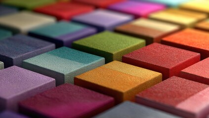 Close-up view of colorful, textured square blocks arranged in a grid pattern