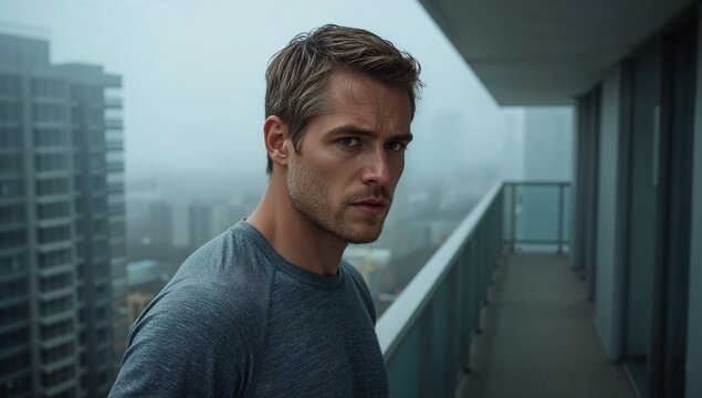 Young man looking serious while standing on balcony in urban setting_determined person in workout gear    