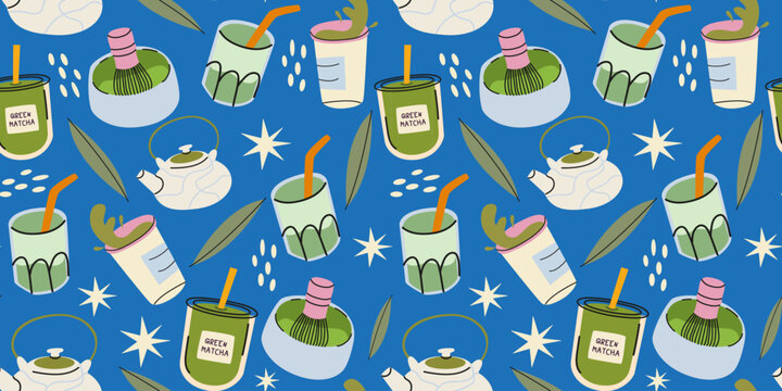 Doodle green matcha latte vector seamless pattern. Cartoon healthy drink background for wallpaper, wrapping, packing, textile, print. Hand drawn illustration