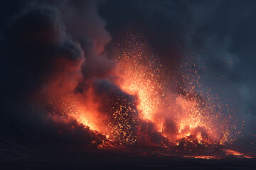 Fototapeta premium Dynamic volcanic eruption with fiery lava and billowing smoke against a dramatic dark sky, perfect for impactful visuals