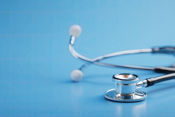 Medical stethoscope on a light-blue surface