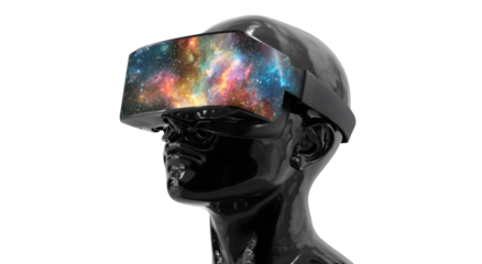 VR headset on black mannequin head, space-themed display