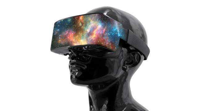 VR headset on black mannequin head, space-themed display