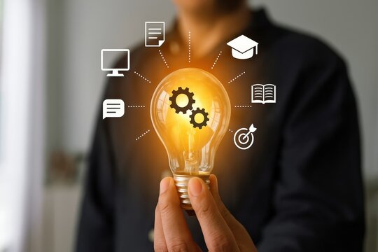 A glowing lightbulb, surrounded by connected symbols of learning and collaboration, signifies a moment of inspiration and innovative ideas.