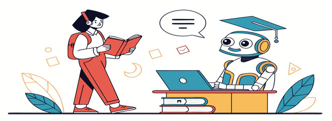 A character interacting with a friendly robotic assistant on a laptop, surrounded by books and leaves, in a vibrant, educational atmosphere.