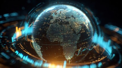 Digital globe spinning, displaying financial data visualization, graphs circling worldwide network, representing international market connectivity and economic analysis