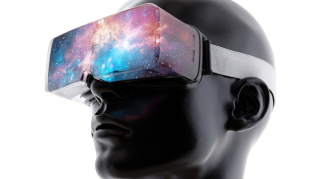 VR headset on a mannequin head, displaying a cosmic image