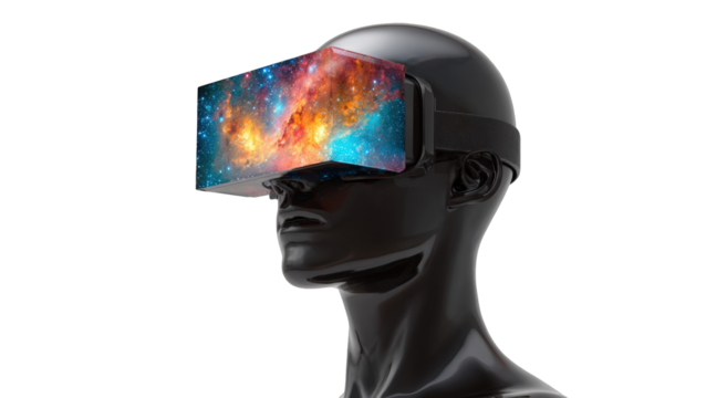 VR headset on a mannequin head, immersive visuals