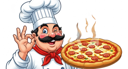 Happy chef presents delicious pepperoni pizza with a perfect gesture of approval