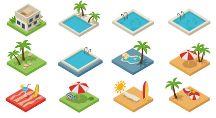 Isometric summer icons set with pools, beaches, palm trees, and surfboards