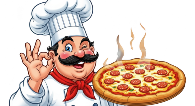 Happy chef presents delicious pepperoni pizza with a perfect gesture of approval