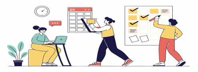 Three diverse individuals collaborating in a bright office setting, one using a laptop, another updating a calendar, and a third marking tasks on a board with a modern, minimalistic aesthetic.