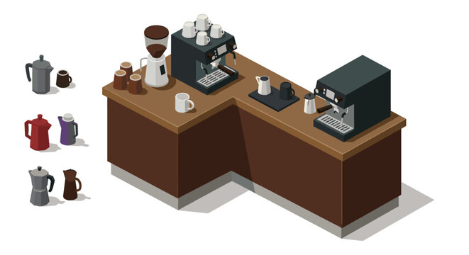 Modern isometric coffee station with espresso machines and accessories